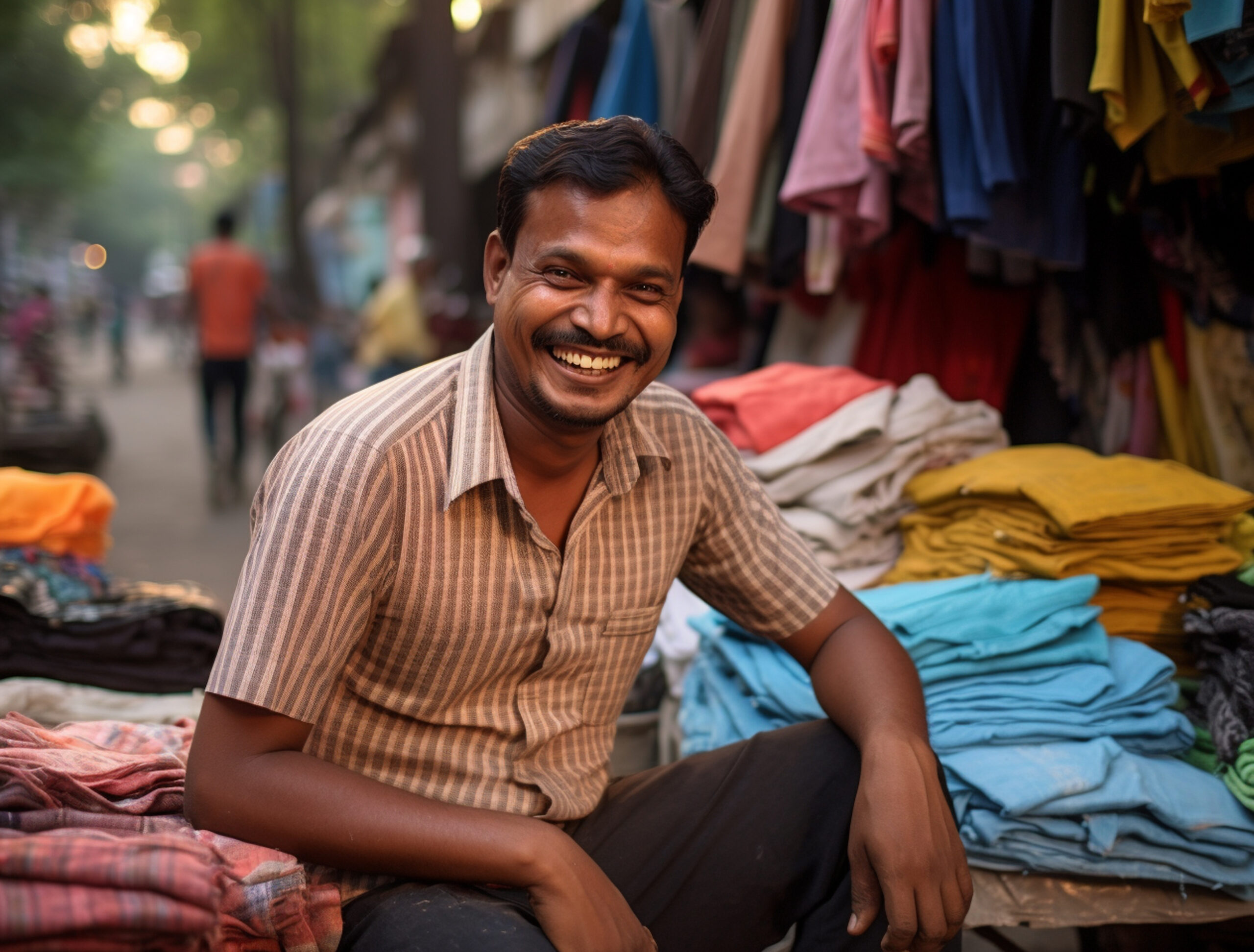 indian man selling fabrics